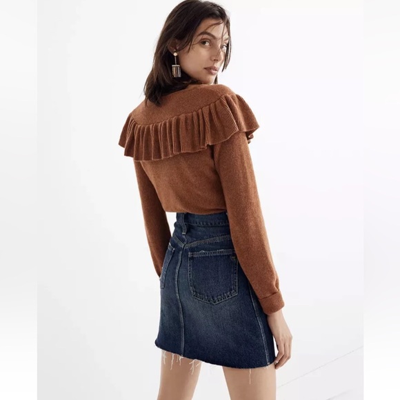 Madewell Rigid Denim Straight Mini Skirt Raw Hem Blue Distressed Stretch Size 26 - Picture 1 of 9